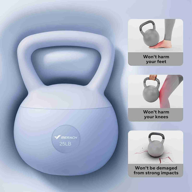 MERACH 25lb soft kettlebell in blue and purple for home fitness workouts