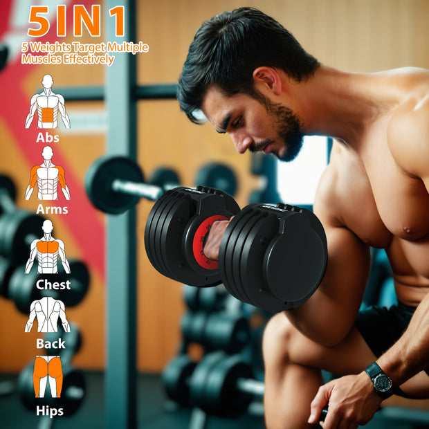 Adjustable Dumbbell Single, 1-Sec Quick Adjust Dumbbells, 25/55LB Dumbbell Weights, 5 in 1 Free Weight Dumbbell with Anti-Slip Handle, Perfect for Home Gym Exercise Equipment